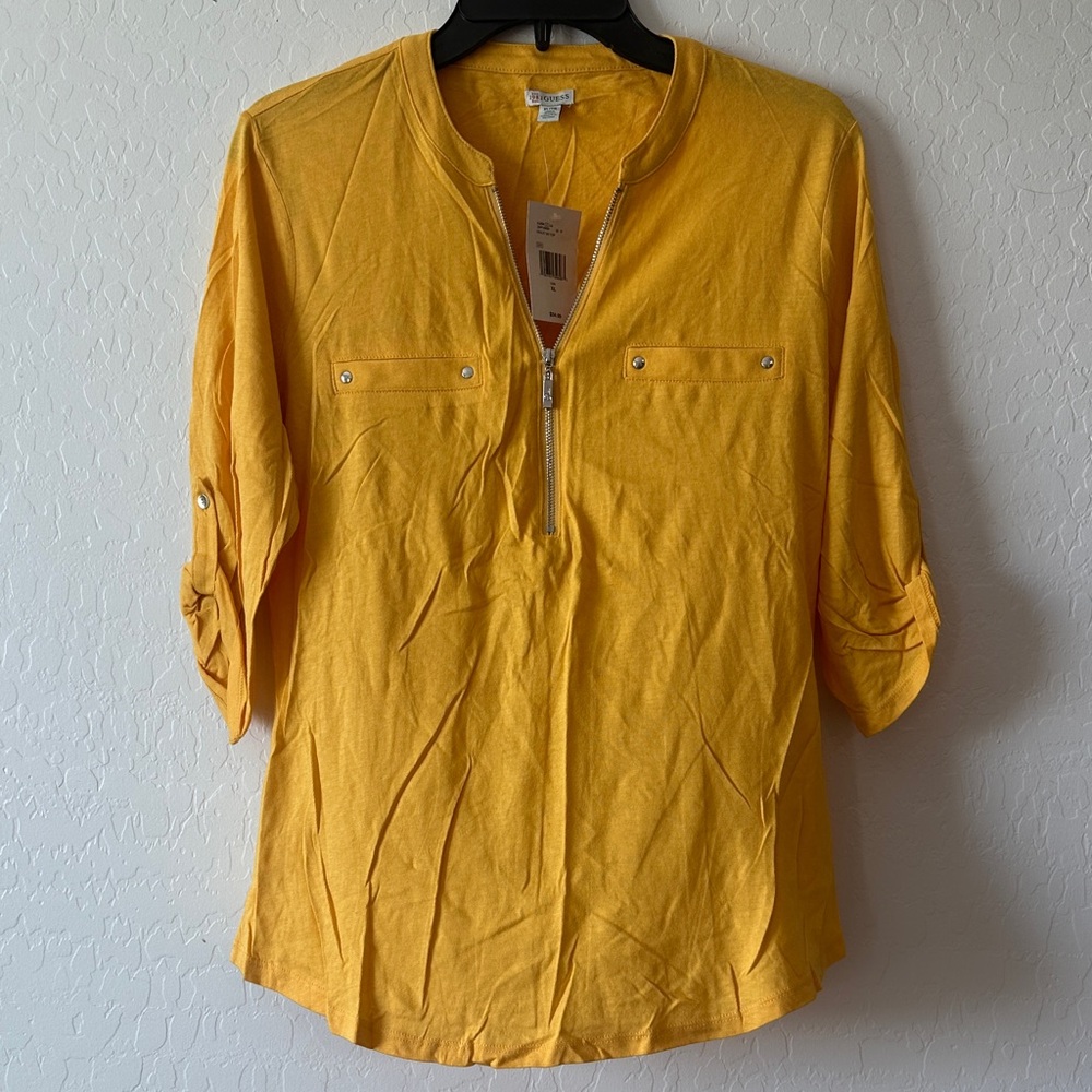 NWT GUESS women’s XL blouse yellow half sleeve‎ business casual top shirt zipper